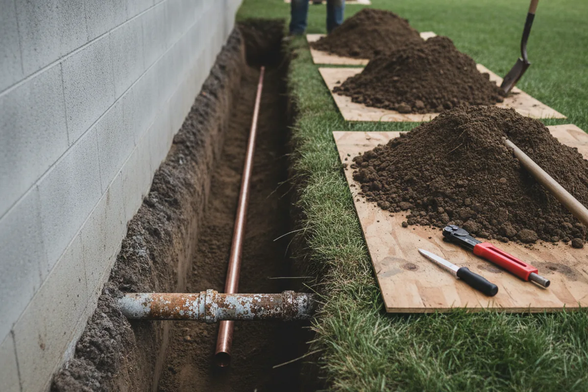 Excavated water line trench during Water Heater Repair in Sunbury